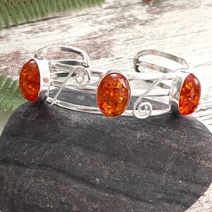 3-Stone Amber Silver Cuff Bangle Bracelet-Fits Large Wrist-8”